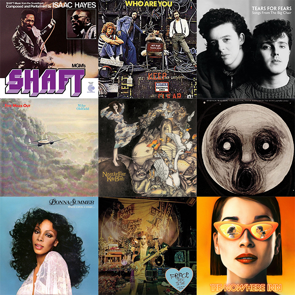 Some of the album covers from music featured in this playlist - Issac Hayes, The Who, Tears For Fears, Mike Oldfield, Kate Bush, Steven Wilson, Donna Summer, Prince and St. Vincent.